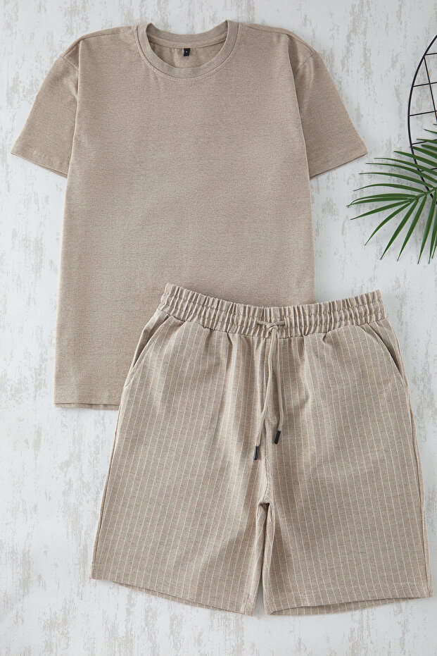 Erkek Vizon Regular Fit Çizgili şortlu Örme Pijama TakımıTMNSS22EM0013 - 6
