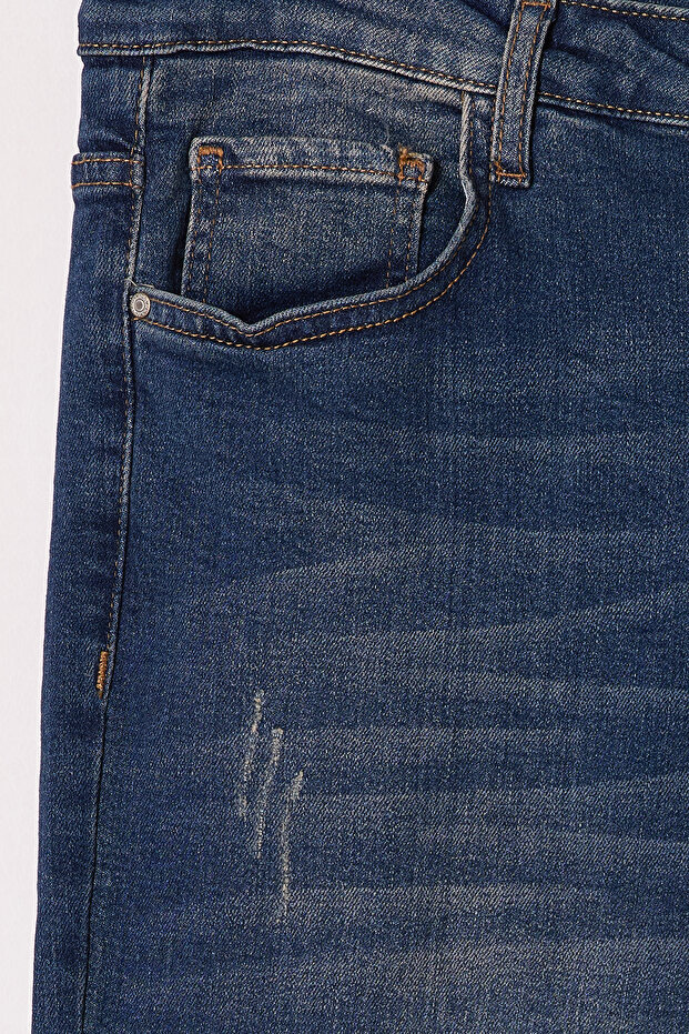 Koyu Mavi Yüksek Bel Destroy Detaylı Esnek Skinny Jeans TBBSS25CJ00011 - 6
