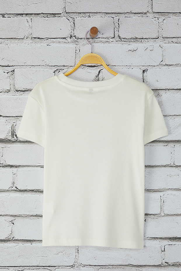 Ekru Kuğu Baskılı Fitted/Vücuda Oturan Örme T-Shirt TWOSS25TS00095 - 6