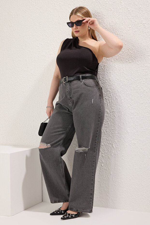 Gri Yüksek Bel Destroylu Geniş Paça/Wide Leg %100 Pamuk Non-Stretch Jeans TBBSS22JE00006 - 1