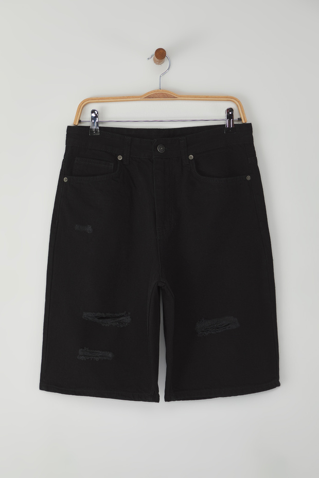 Siyah Baggy Destroylu Kot Şort & Bermuda TMNSS25SR00037 - 1