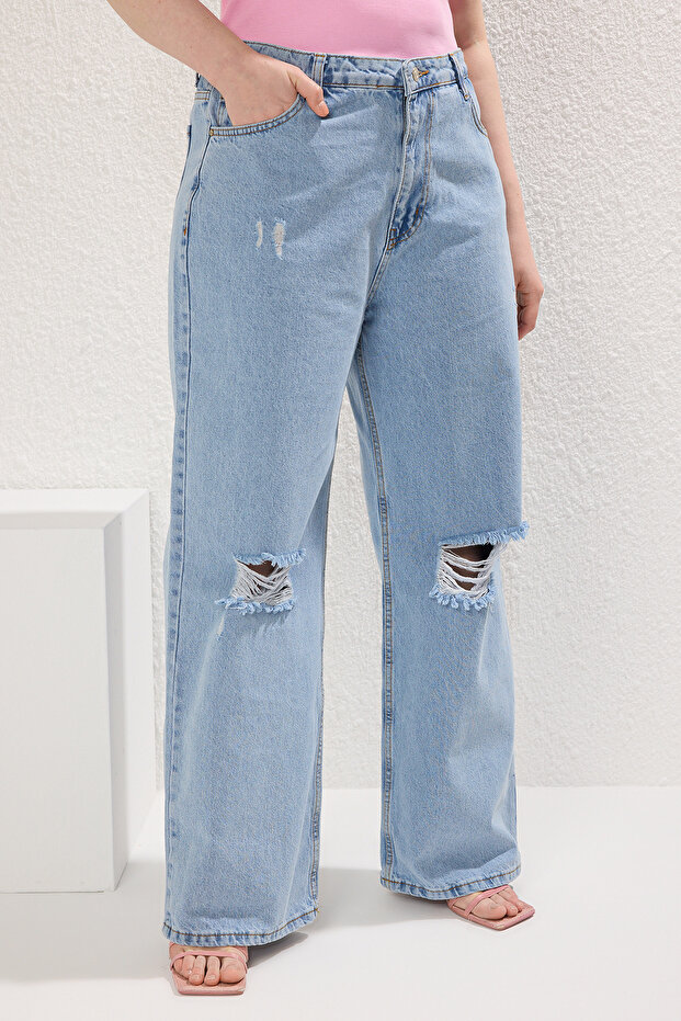 Buz Mavi Yüksek Bel Destroylu Geniş Paça/Wide Leg %100 Pamuk Non-Stretch Jeans TBBSS22JE00006 - 3