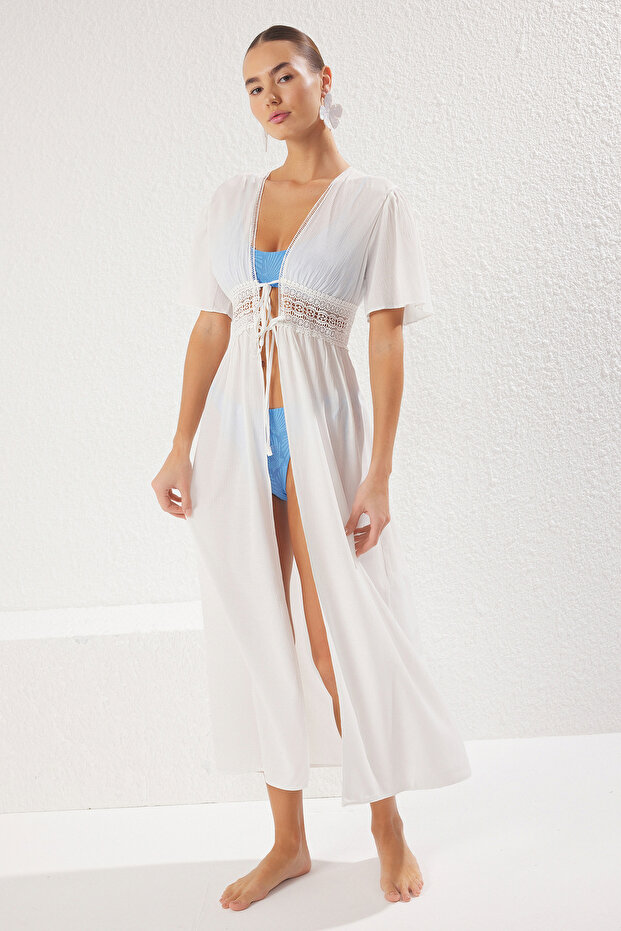 Beyaz Dokuma Dantel Maxi Plaj Kimono&Kaftan TBESS25KM00025 - 2