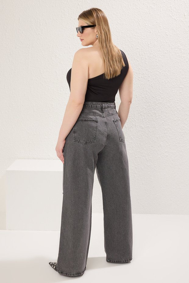 Gri Yüksek Bel Destroylu Geniş Paça/Wide Leg %100 Pamuk Non-Stretch Jeans TBBSS22JE00006 - 4