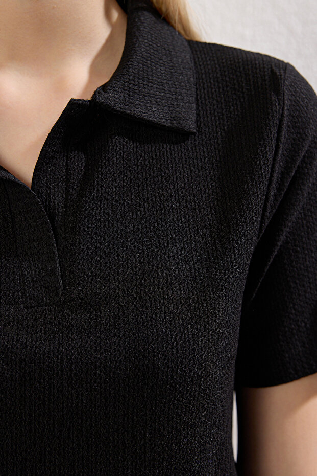 Siyah Polo Yaka Regular/Standart Kalıp Bürümcük Örme Bluz TWOSS25GO00105 - 3