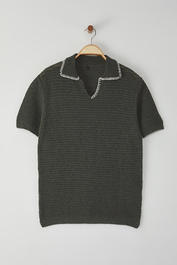 Haki Regular Apaş Yaka Dokulu Triko T-shirt TMNSS25PO00027 - 4