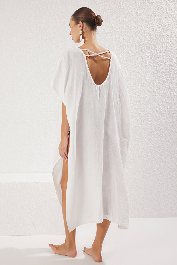 Ekru Dokuma Sırt Dekolteli Midi Plaj Kimono&Kaftan TBESS25KM00016 - 5