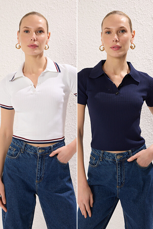 Lacivert-Ekru Basic Polo Yaka İkili Paket Triko İnce Bluz TWOSS25BZ00503 - 1