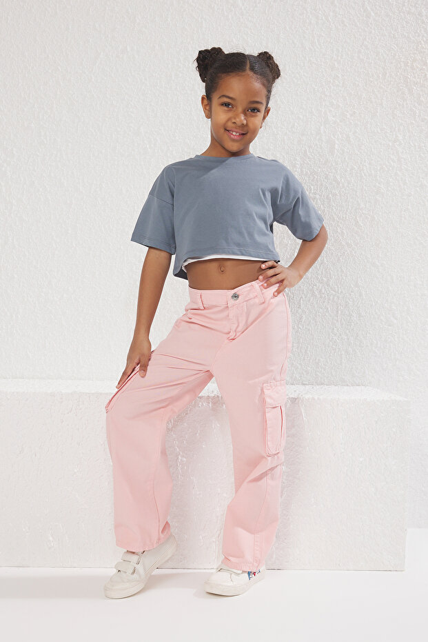 Pembe Kız Çocuk %100 Pamuk Cep Detaylı Wide Leg Lastikli Dokuma Pantolon TKDSS25PL00004 - 1