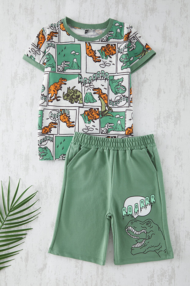 Yeşil Erkek Çocuk Pamuklu Dinozor Desenli T-Shirt-Şort Örme Alt-Üst Takım TKDSS24AU00027 - 1