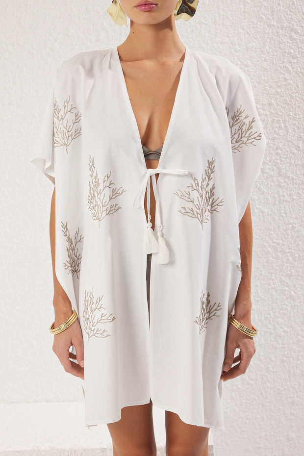 Beyaz Dokuma Nakışlı Plaj Mini Kimono&Kaftan TBESS25KM00012 - 3