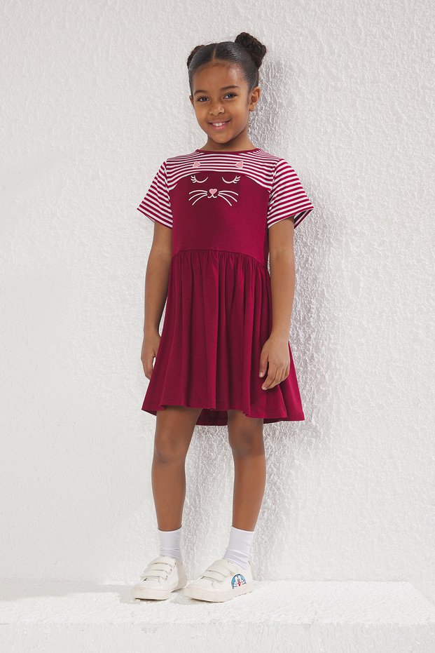 Burgundy Midi Striped Knitted Dress Tkdss25El00059