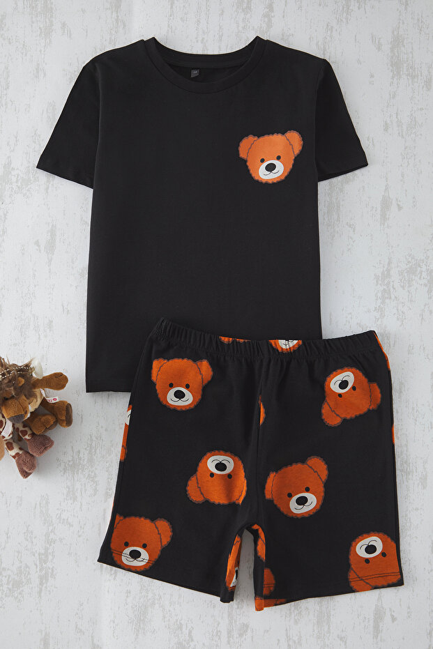 Siyah Unisex %100 Pamuk Ayıcık Baskılı Kısa Kol Family/Aile-Kız Örme Pijama Takımı TKDSS25PT00015 - 3