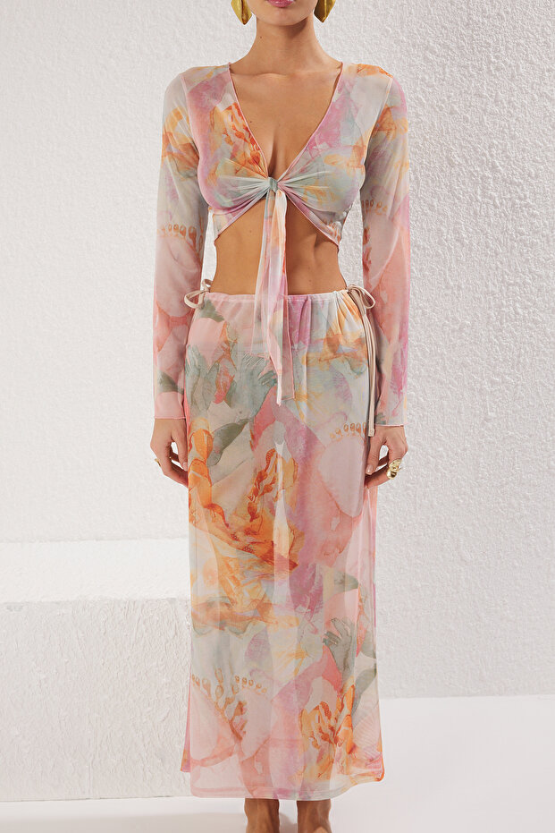 Soyut Desenli Örme Büzgülü Plaj Bluz-Etek Takım TBESS25AU00044 - 3