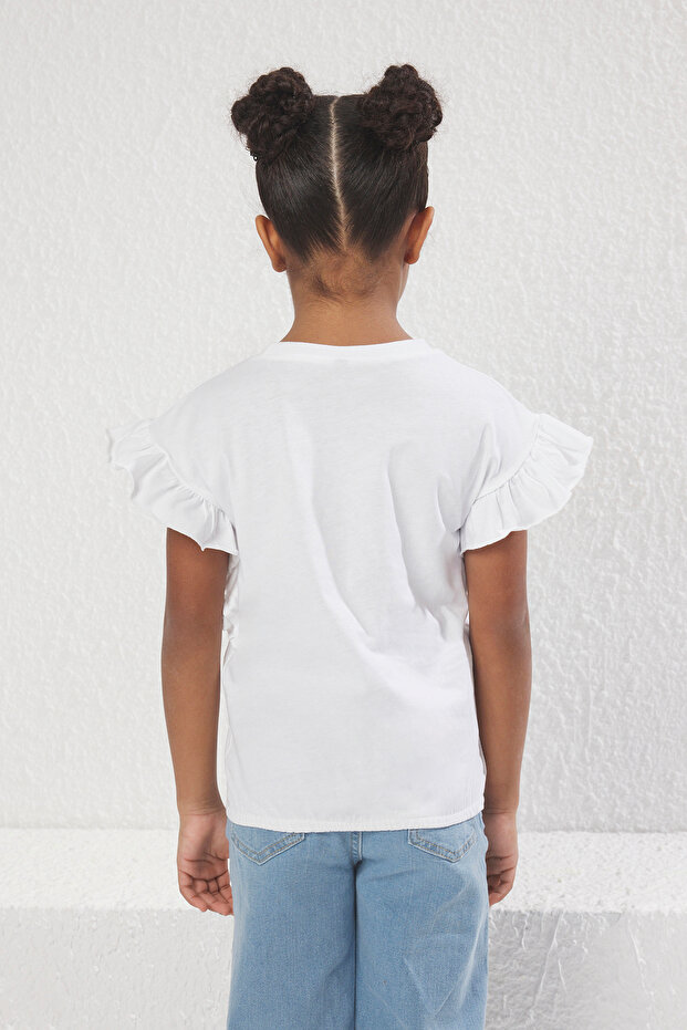 Ekru Kız Çocuk %100 Pamuk Unicorn Baskılı Regular Kalıp Fırfırlı Kolsuz Örme T-Shirt TKDSS25TS00034 - 3