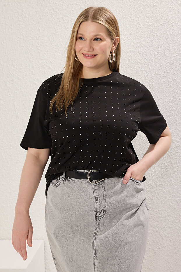 Siyah Taşlı Örme Büyük Beden Tshirt TBBSS25BF00042 - 1