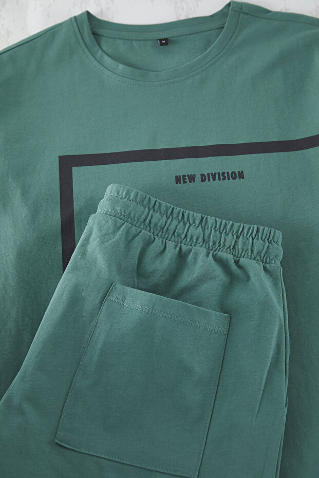 Yeşil Regular Fit Baskılı Örme Şortlu Pijama Takımı TMNSS23PT00017 - 7