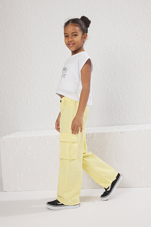 Sarı Kız Çocuk %100 Pamuk Cep Detaylı Wide Leg Lastikli Denim Pantolon TKDSS25PL00004 - 1
