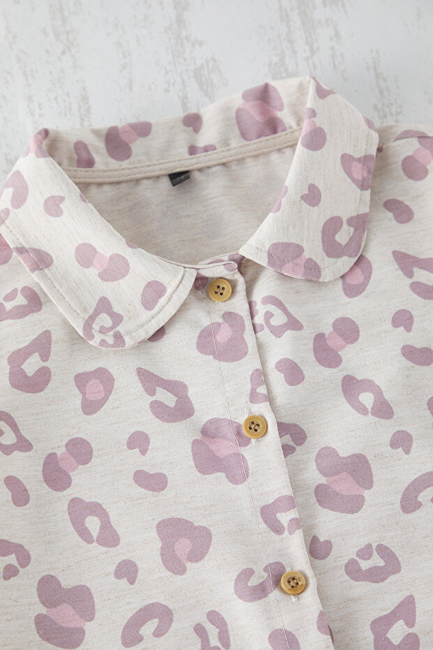 Ekru Kız Çocuk Pamuklu Leopar Desenli Gömlek Yaka Örme Pijama Takımı TKDSS25PT00000 - 2