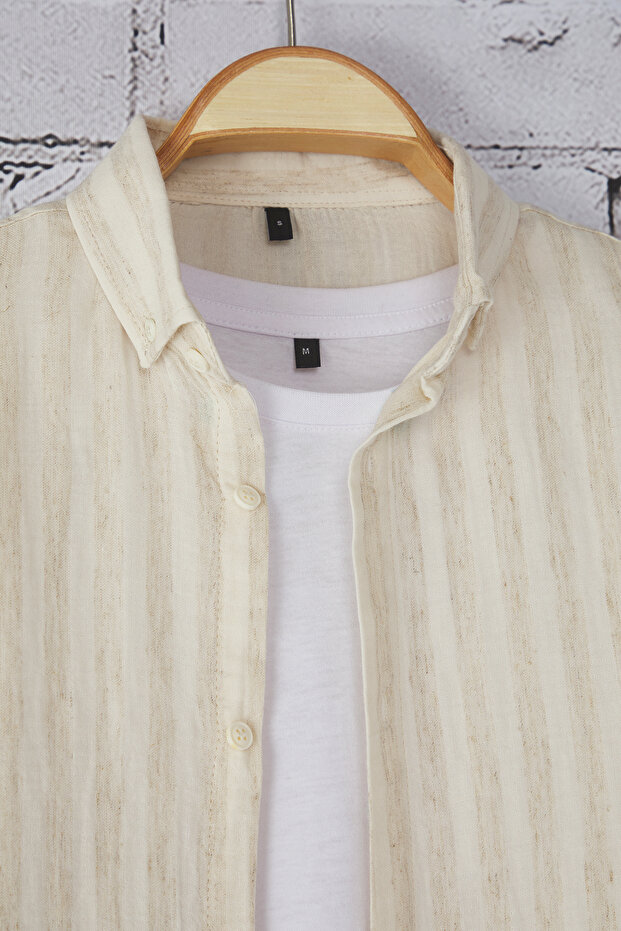 Bej Regular Fit Çizgili Nefes Alabilen Pamuklu Muslin Gömlek TMNSS25GO00015 - 6