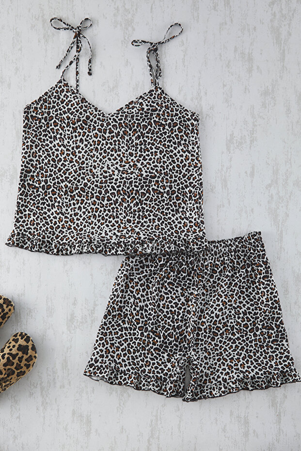 Çok Renkli Leopar Desenli Askılı Örme Fırfır Detaylı Pijama Takımı TBBSS22PT0564 - 4