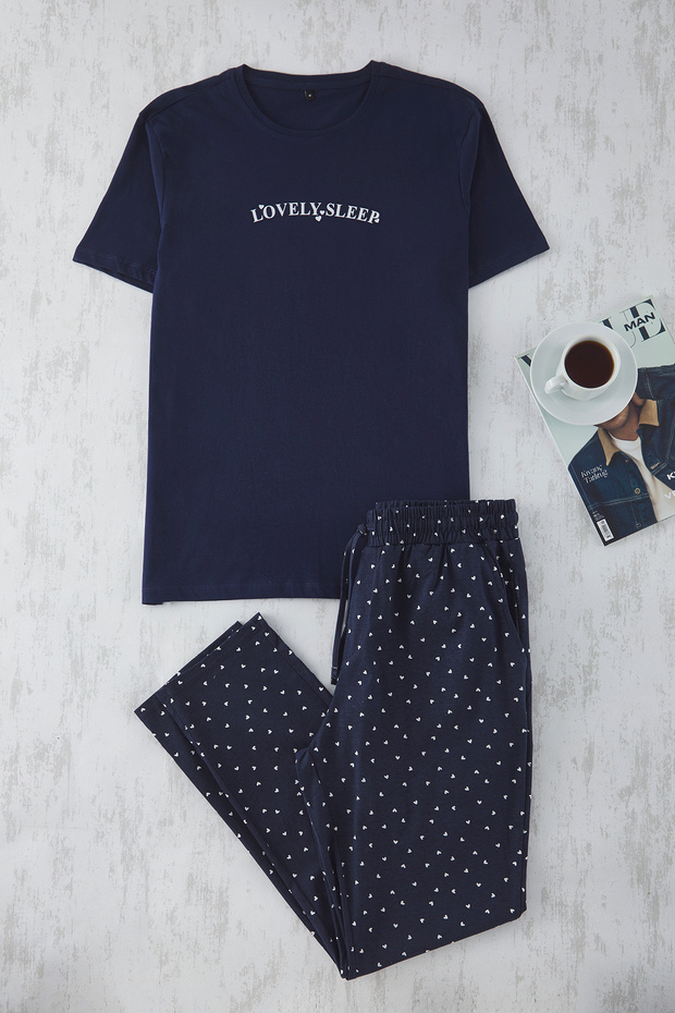 Lacivert Regular Fit Kalpli Çift/Couple %100 Pamuk Örme Pijama Takımı TMNSS25PT00050 - 2