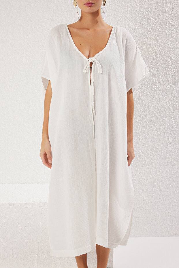 Ekru Dokuma Sırt Dekolteli Midi Plaj Kimono&Kaftan TBESS25KM00016 - 4