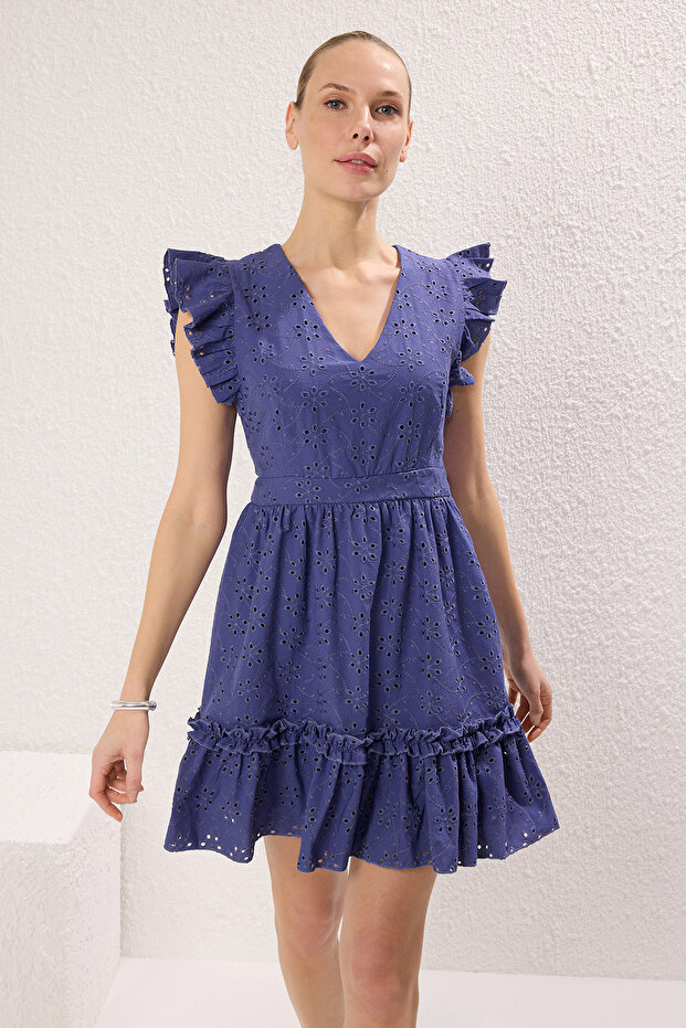 Indigo Brode Skater/Belden Açılan Mini Astarlı Dokuma Elbise TWOSS22EL00697 - 1