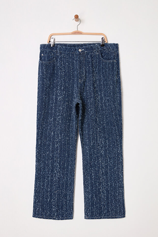 Mavi Yüksek Bel Dokulu Straight Fit Büyük Beden Jeans TBBSS25CJ00020 - 5