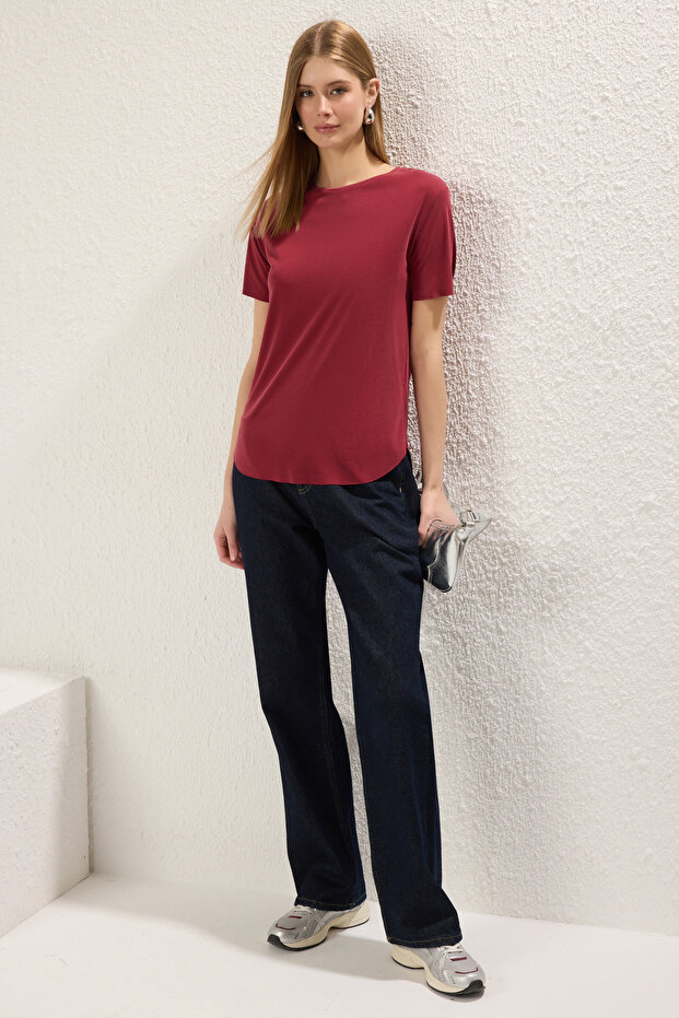 Bordo More Sustainable Soluk efektli Modal Kumaş Oversize/Geniş Kesim Örme T-Shirt TWOSS25TS00124 - 2