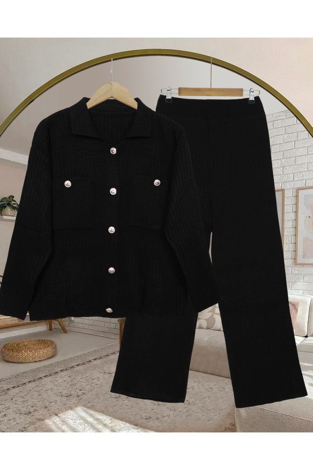 Polo Neck Gold Button Detailed Double Pocket Cardigan Trousers Knitwear Set