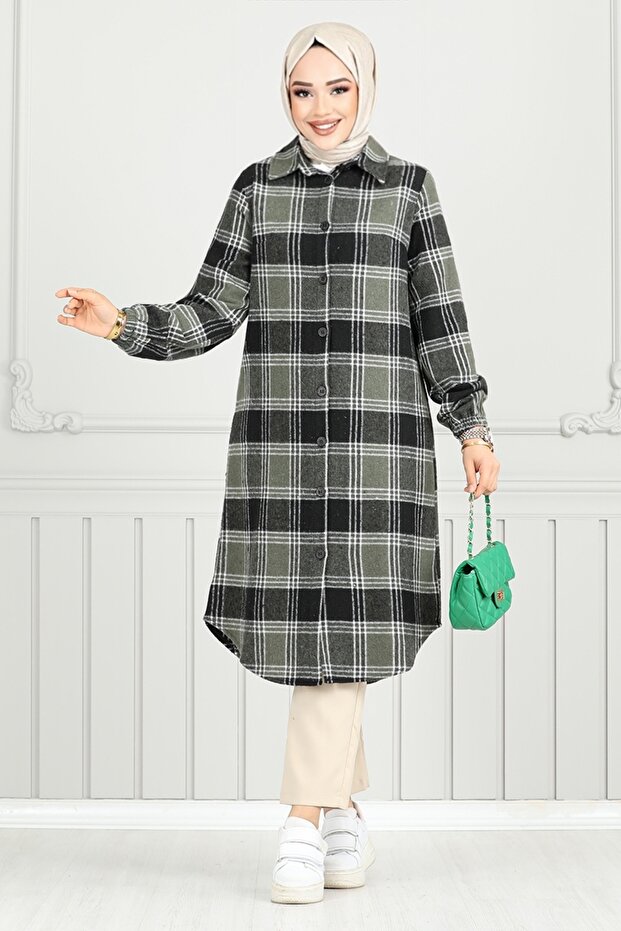 Front Button Plaid Tunic 4446Ktr927-M Khaki&Black