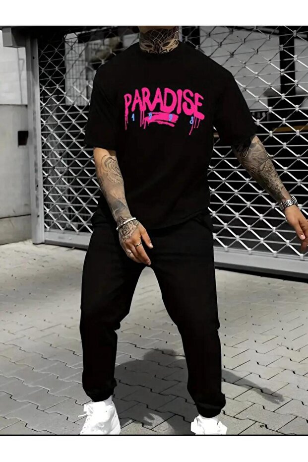 Men's Black Jogger T-Shirt and Sweatpants Set with Paradise Print - Comfortable Fit