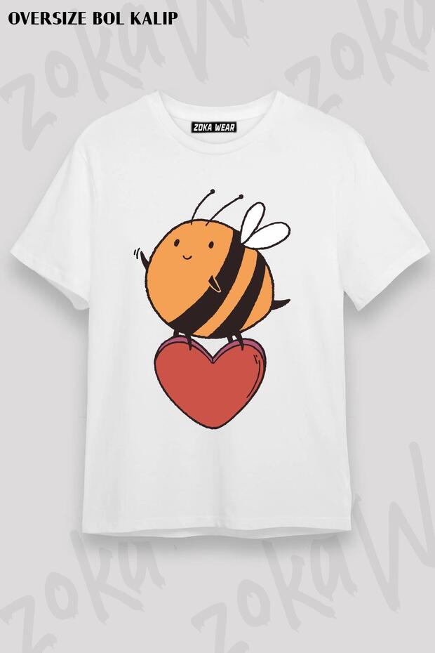 Unisex Oversize Mold Cute Heart Bee Design Printed Tshirt