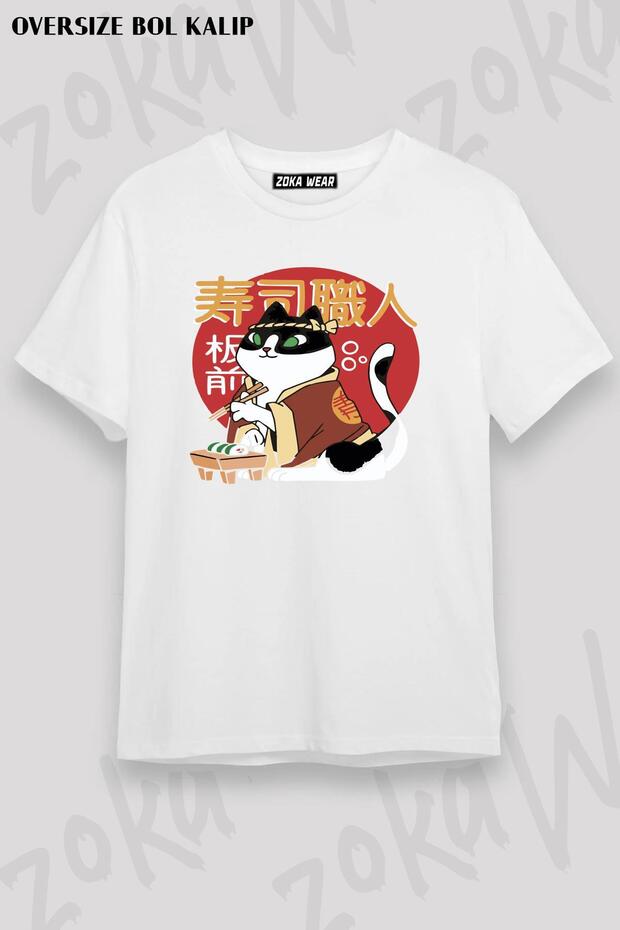 Unisex Oversize Mold Japanese Cat Sushi Design Printed Tshirt