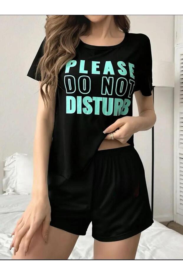 Please Printed T-Shirt Short Wide Leg Comfortable Fit Black Bottom White Black Top Short Set
