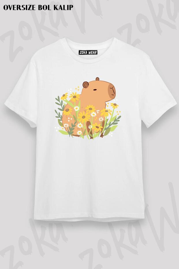Unisex Oversize Fit Capybara with Daisy Flowers Design Printed Tshirt