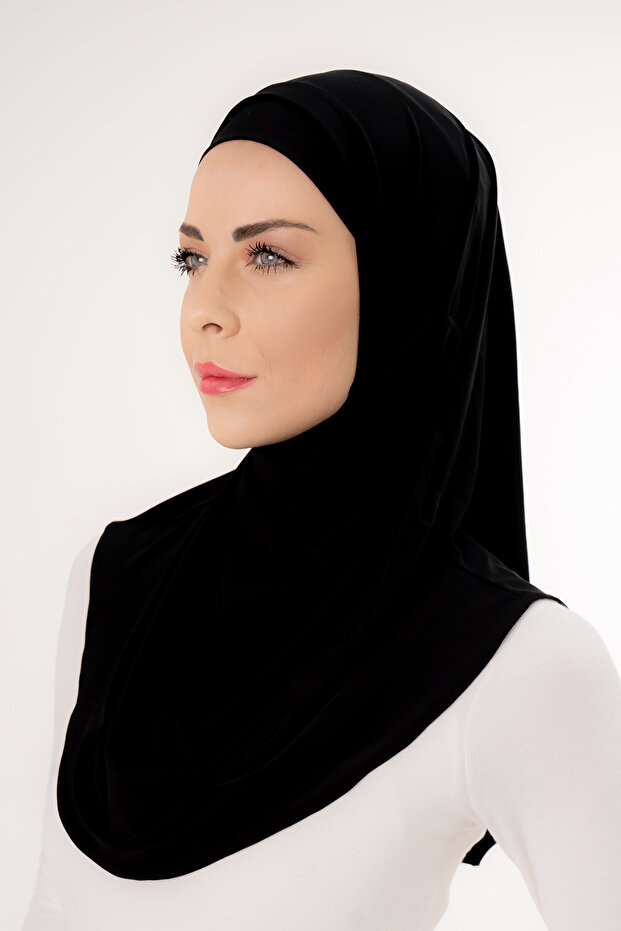 Bonneted Pleated Ready-Made Practical Shawl Black Double Set - 6