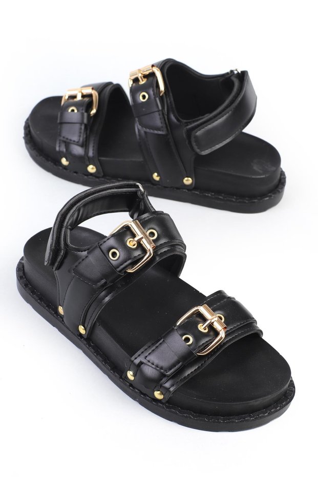 Tarisa Women's Sandals Banded Buckle Black Leather