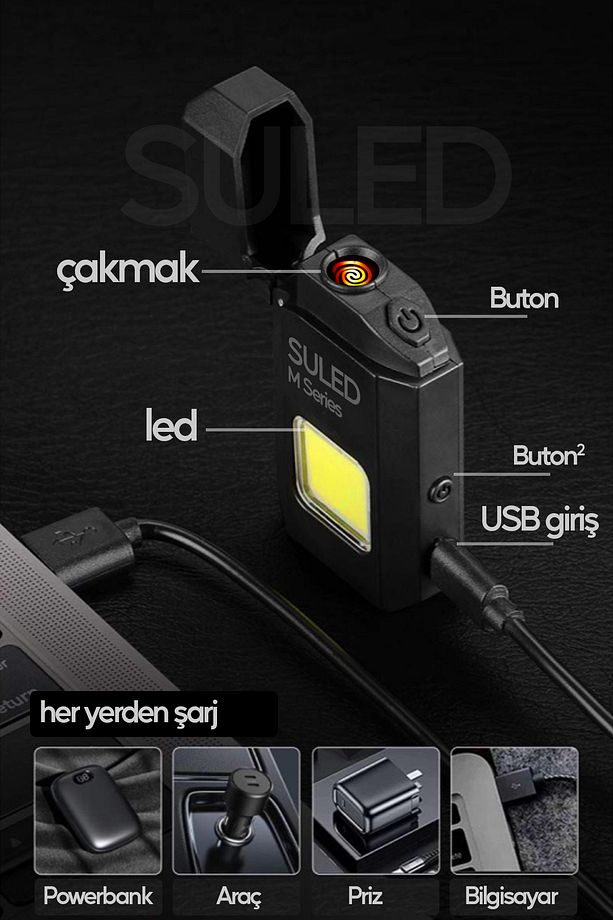 Şarjlı Çakmak T9 LED Fener Özellikli USB Şarjlı Kamp Çakmağı COB Led CE Rüzgardan Etkilenmez - 2