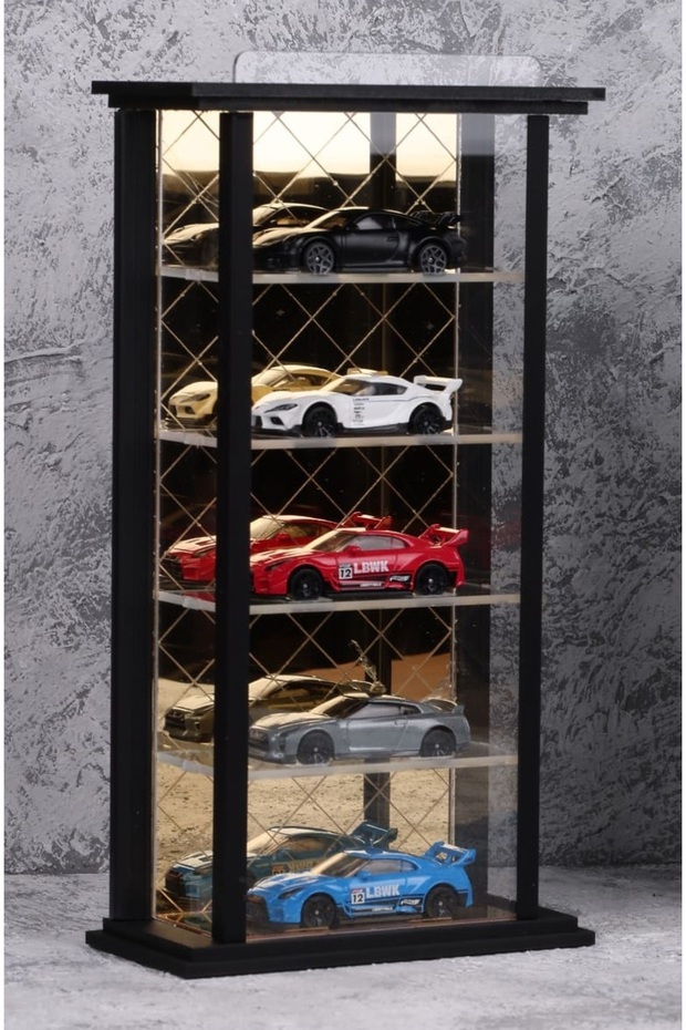 Diecast Diorama 1:64 Garage with Shelf for Toy Vehicles 5-Piece Hotwheels Display Stand Gold Design