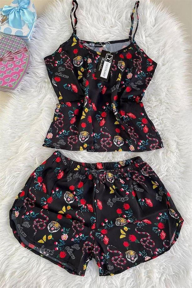 Gül ve Kaplan Baskılı Siyah Zemin Askılı ve Şortlu Saten Pijama Takımı - 6