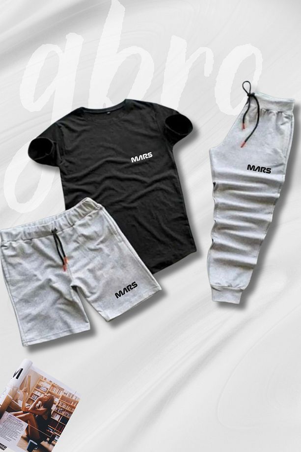 Mars Baskılı T Shirt Şort Eşofman Altı Üçlü Set - 1