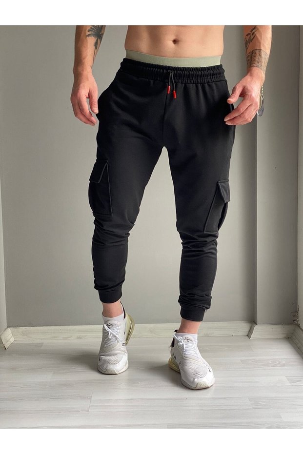Men's Black Summer Cargo Pocket Slim Fit Sweatpants Skinny Leg Jogger