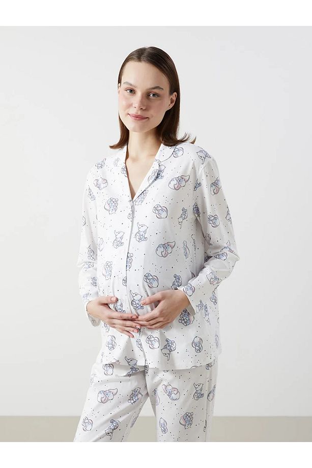LCW DREAM Ekru Gömlek Yaka Desenli Hamile Pijama Takımı - 2