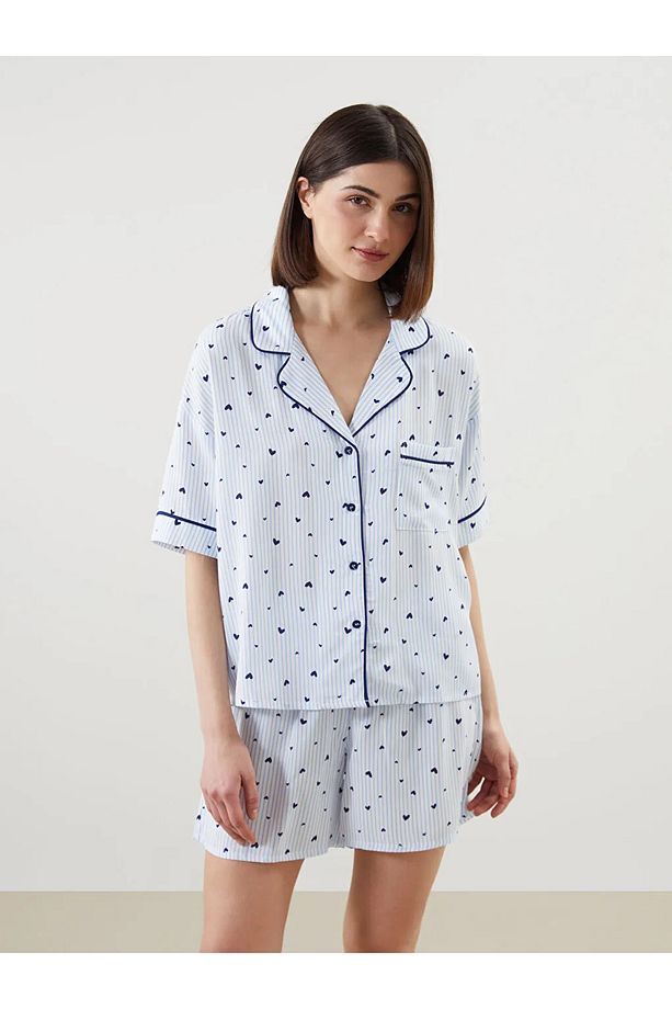 LCW DREAM Mavi Gömlek Yaka Desenli Kadın Şortlu Pijama Takımı - 1