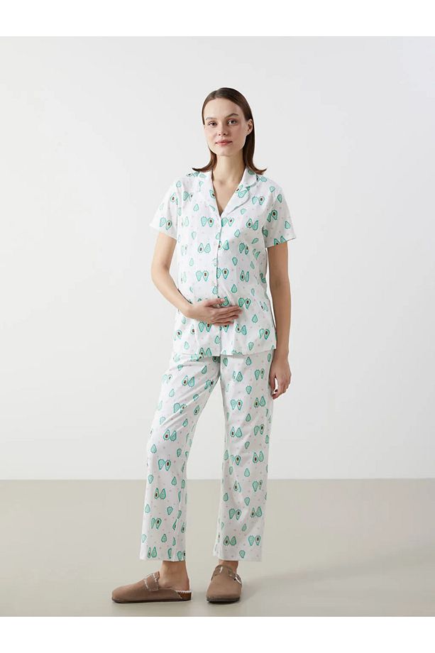 LCW DREAM Ekru Gömlek Yaka Desenli Hamile Pijama Takımı - 1