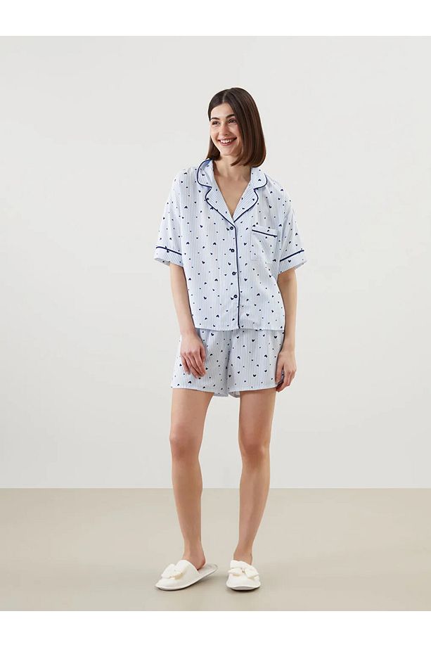 LCW DREAM Mavi Gömlek Yaka Desenli Kadın Şortlu Pijama Takımı - 2