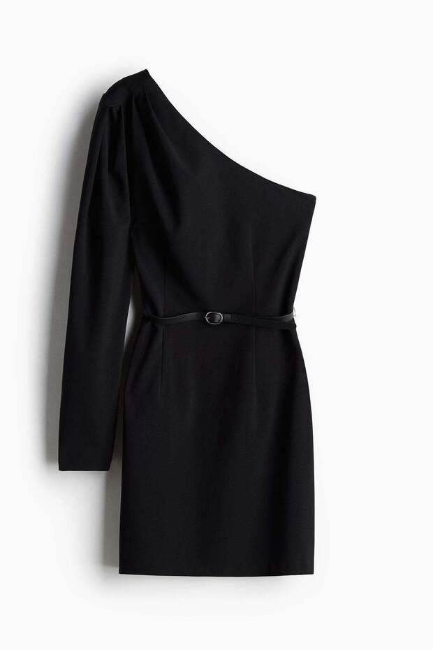 Belted one-shoulder dress