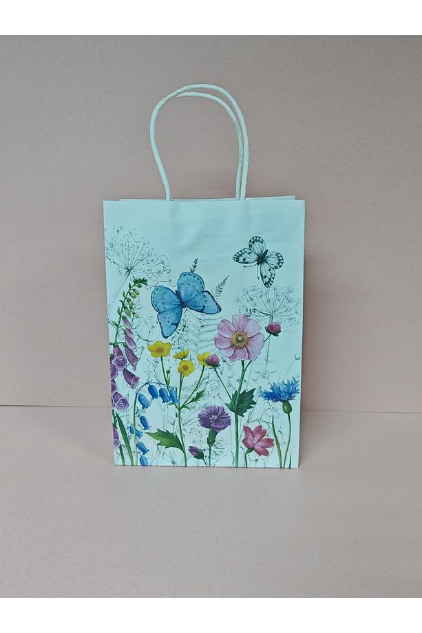 KELEBEK ÇİÇEK DESENLİ BÜKÜM SAPLI KAĞIT ÇANTA HEDİYE POŞETİ - 15x21x8 CM - 4 ADET - Ç091 - 2